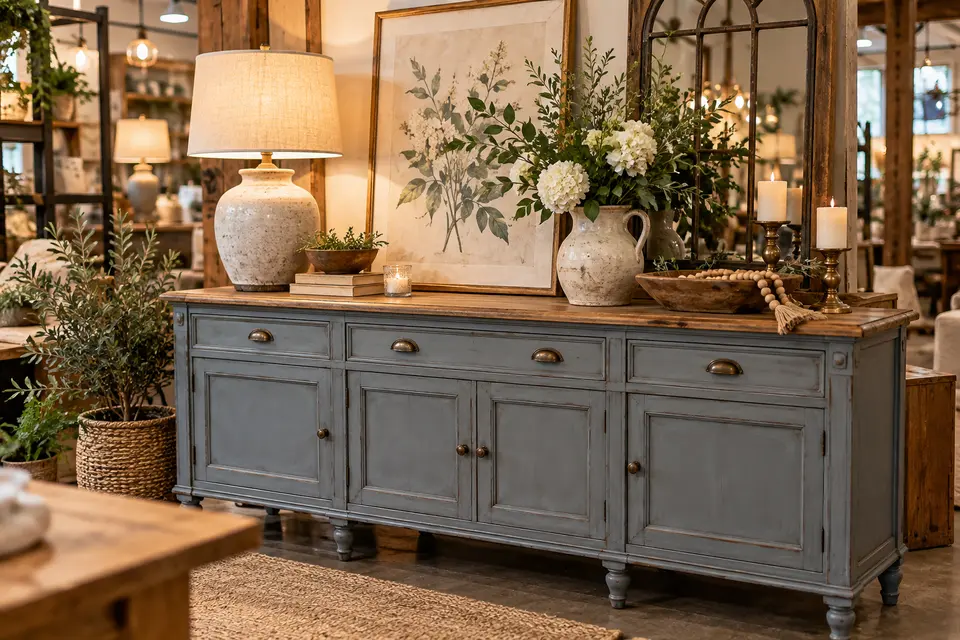 Refinished farmhouse furniture and coordinated home décor