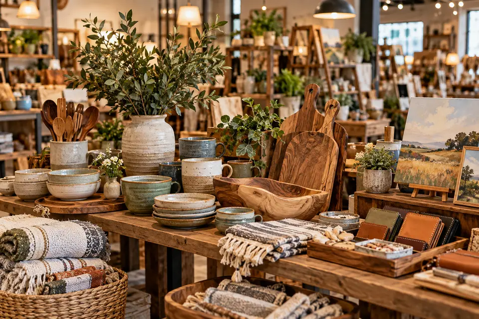 Handmade pottery, wooden goods, textiles and artwork