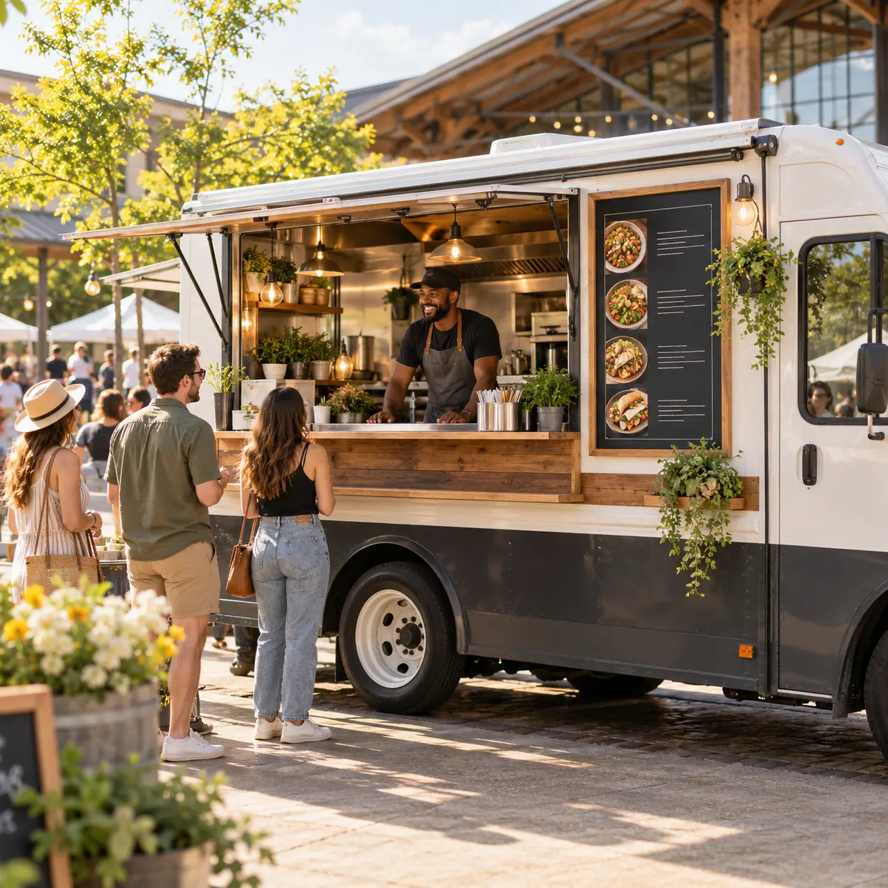 Food truck owner serving customers from a professional truck
