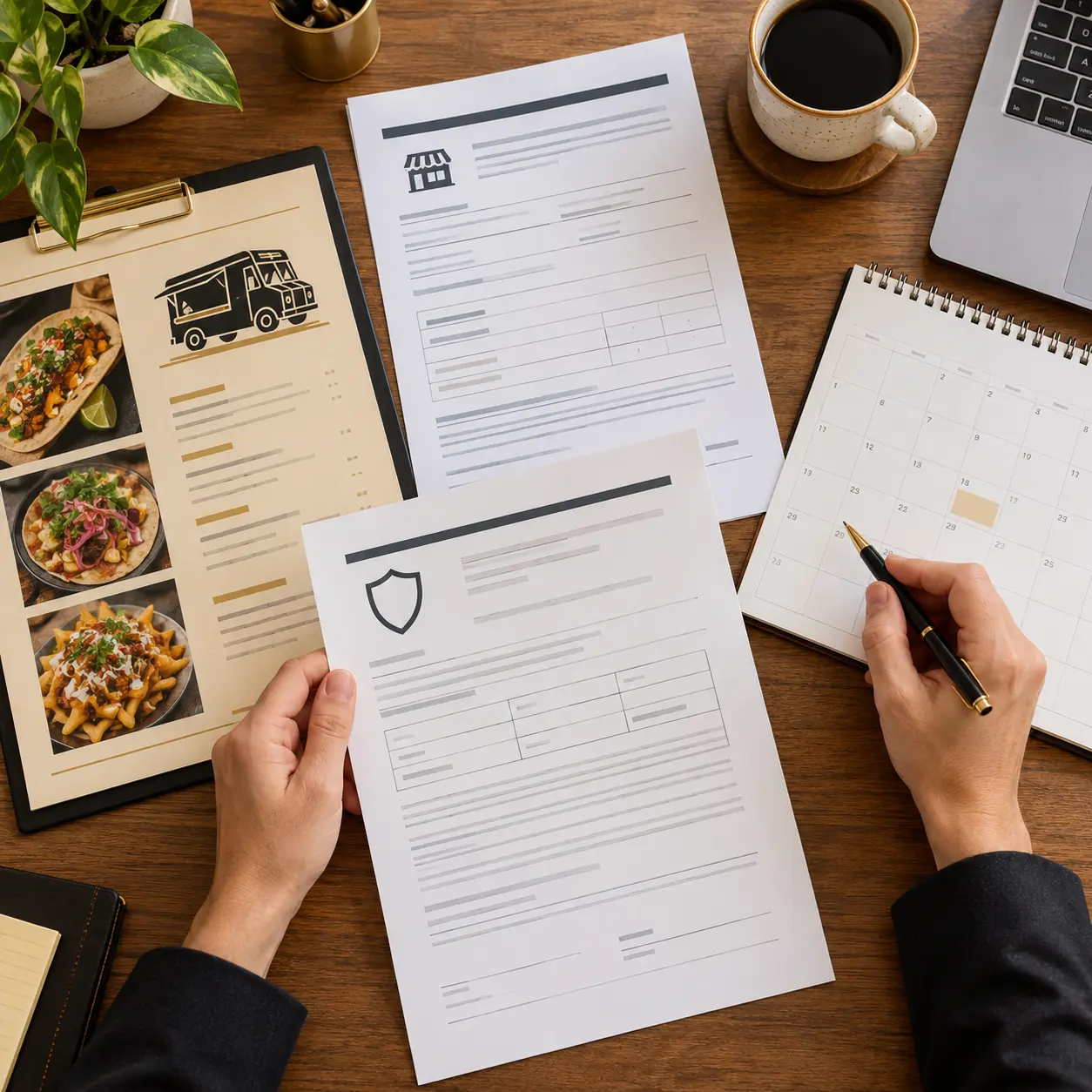 Menu, permit documents and calendar being reviewed