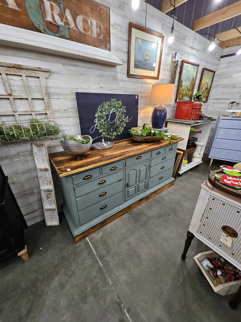 Refinished blue farmhouse dresser with wood top at The Dallas Markets