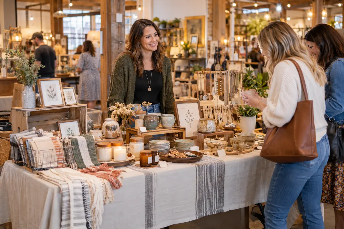 Pop-up vendor serving shoppers from a six-foot table inside an indoor market